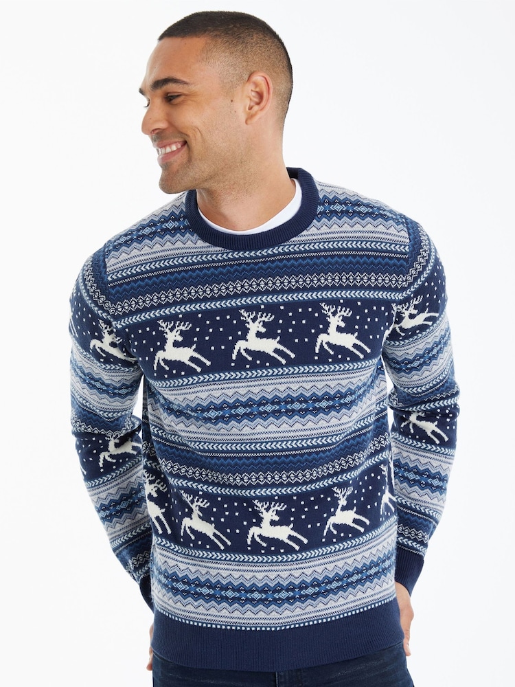 Threadbare Dark Blue Crew Neck Fairisle Pattern Christmas Jumper - Image 4 of 4