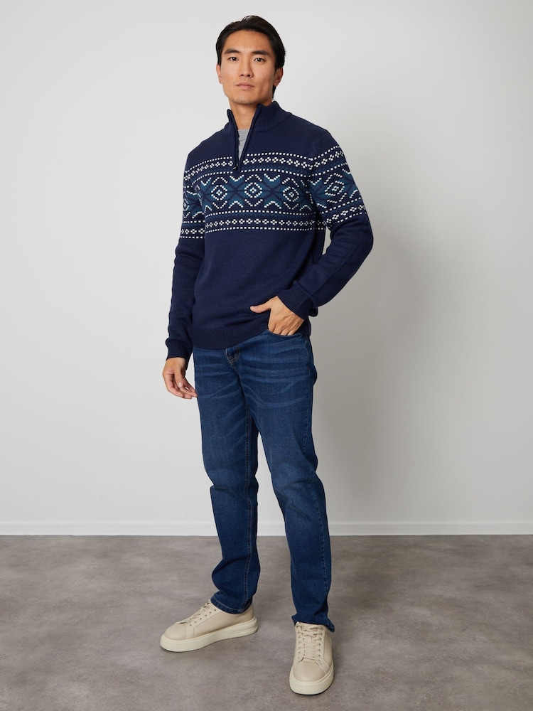 Threadbare Navy Quarter Zip Christmas Knitted Jumper - Image 1 of 4