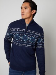 Threadbare Navy Quarter Zip Christmas Knitted Jumper - Image 2 of 4