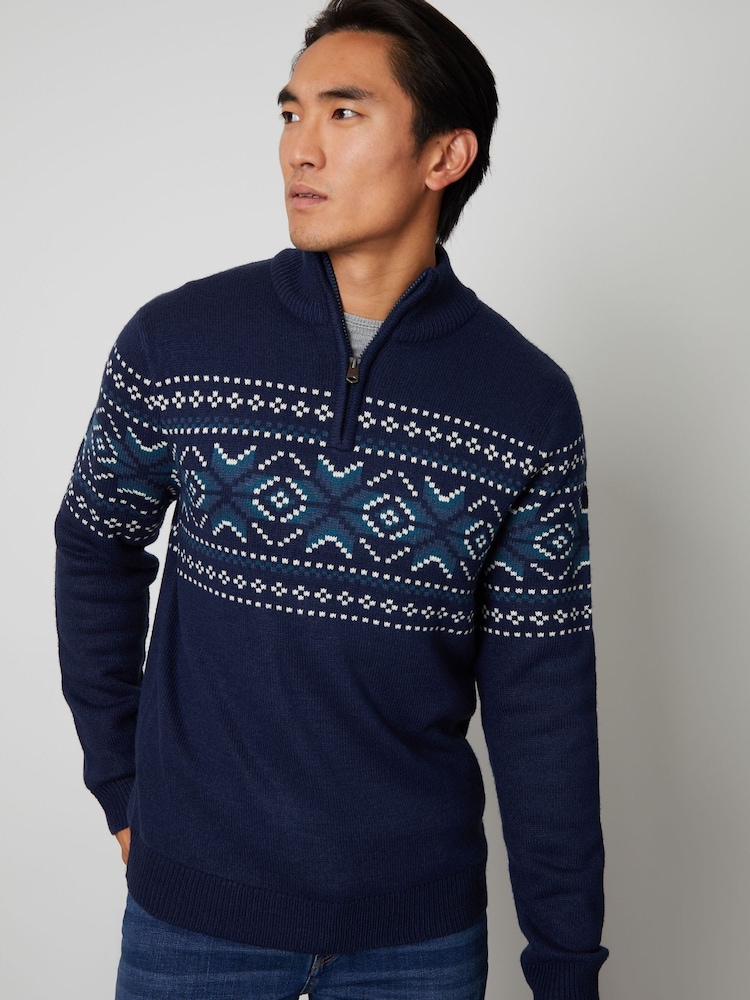 Threadbare Navy Quarter Zip Christmas Knitted Jumper - Image 2 of 4