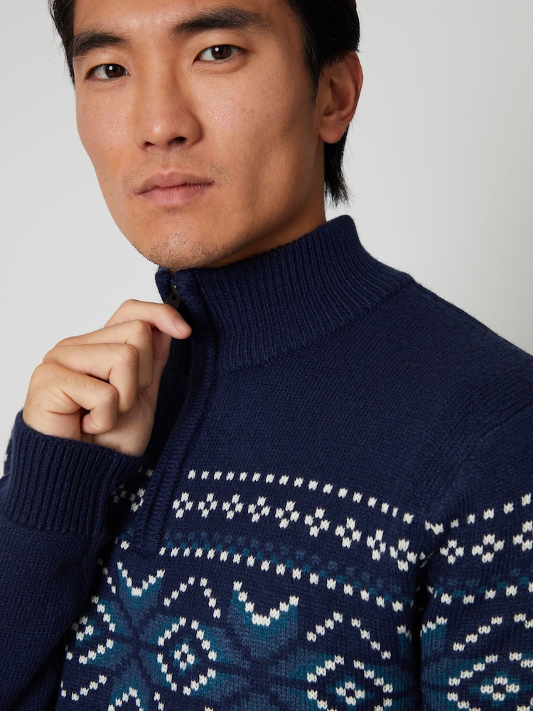 Threadbare Navy Quarter Zip Christmas Knitted Jumper - Image 4 of 4