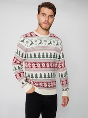 Threadbare Chocolate Brown Crew Neck Fairisle Pattern Christmas Jumper - Image 1 of 4