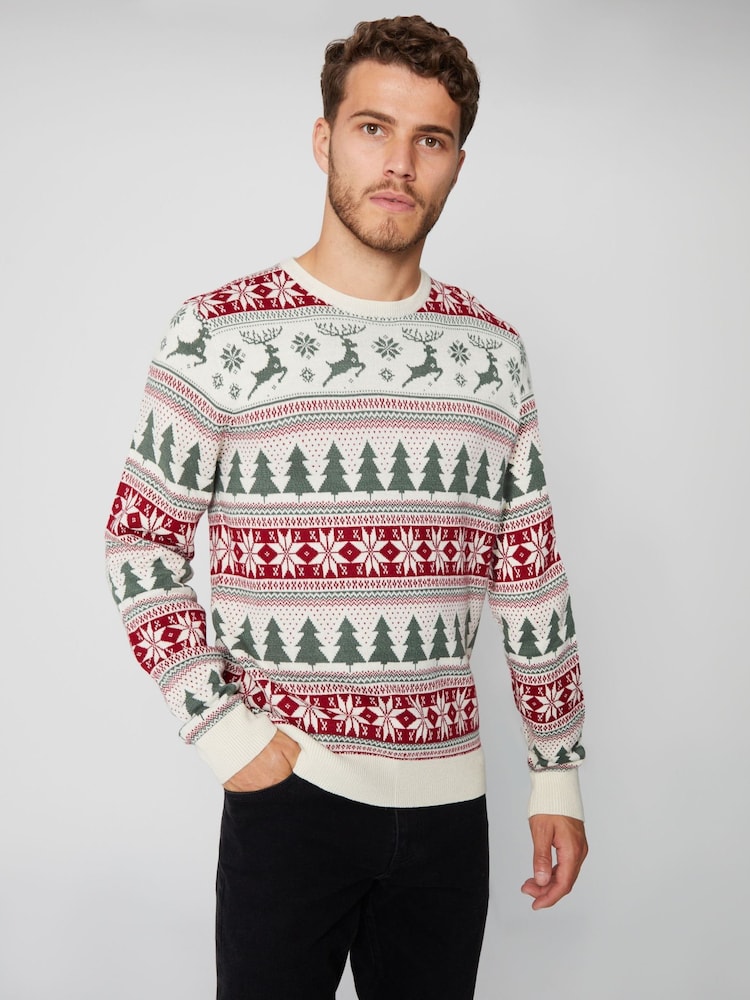 Threadbare Chocolate Brown Crew Neck Fairisle Pattern Christmas Jumper - Image 1 of 4