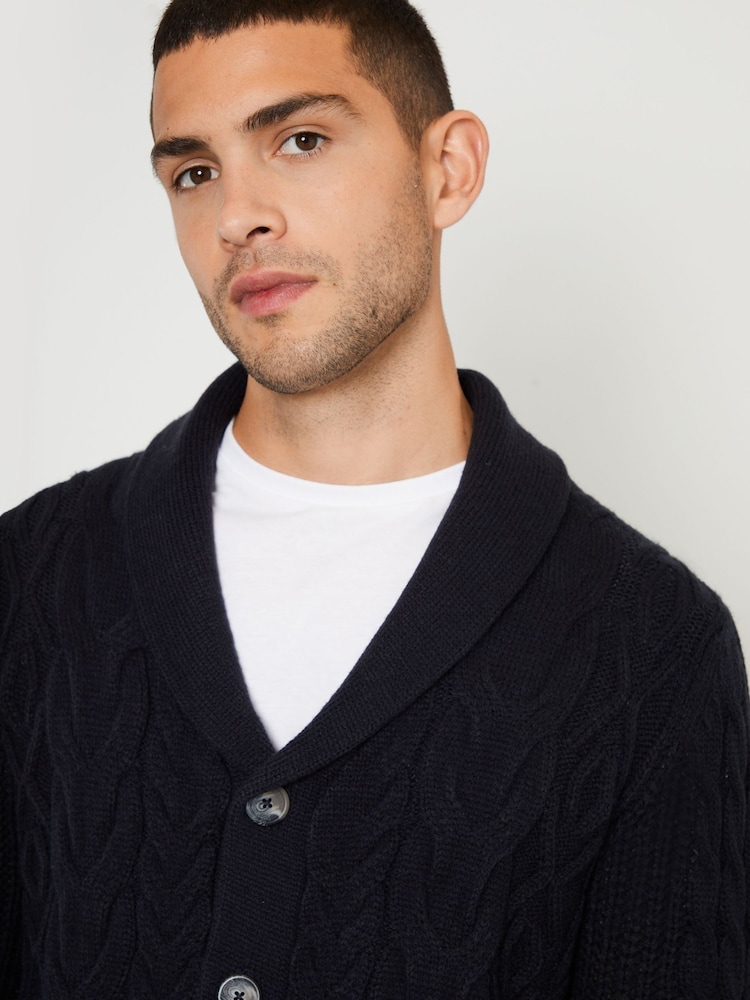 Threadbare Navy Cable Knit Shawl Collar Cardigan With Wool - Image 4 of 4
