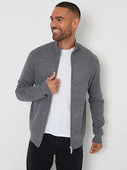 Серый - Threadbare Zip-Through Funnel Neck Knitted Cardigan - Image 1 of 5