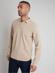 Threadbare Neutral Long Sleeve Textured Knitted Polo Shirt - Image 1 of 4