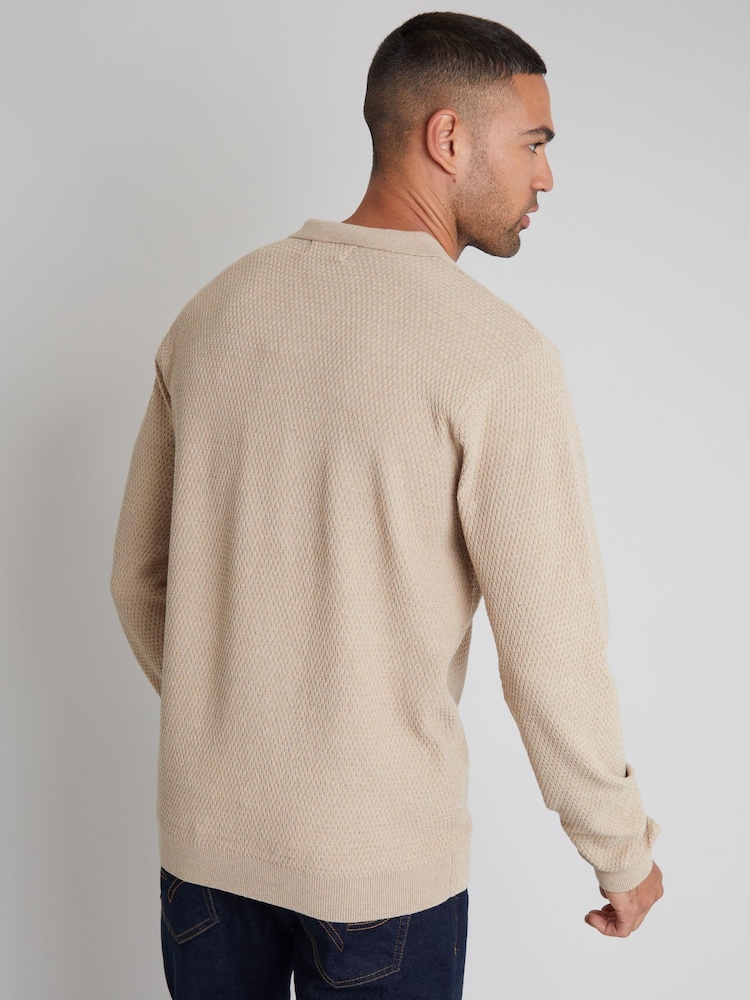 Threadbare Neutral Long Sleeve Textured Knitted Polo Shirt - Image 2 of 4