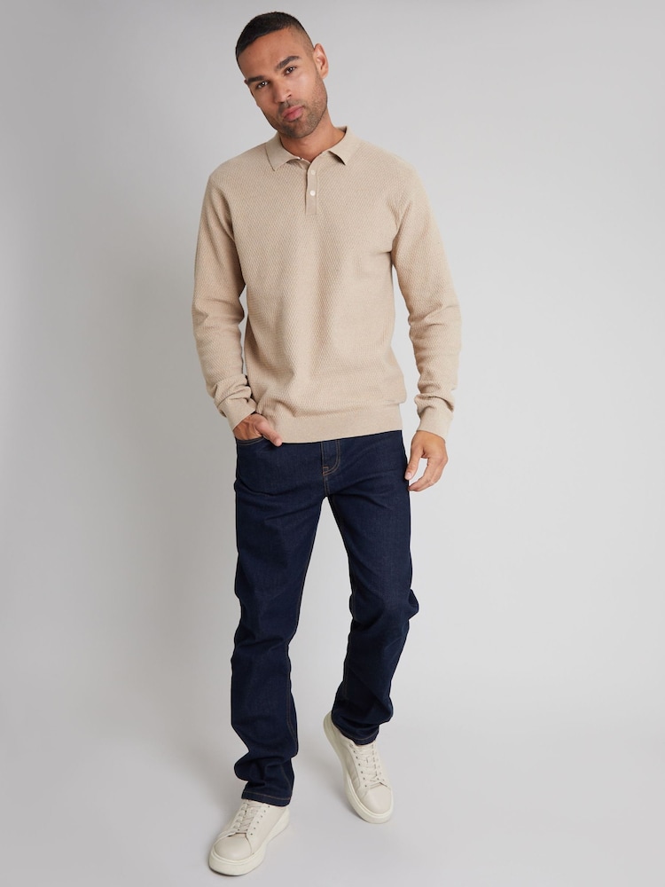 Threadbare Neutral Long Sleeve Textured Knitted Polo Shirt - Image 3 of 4