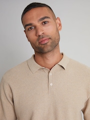 Threadbare Neutral Long Sleeve Textured Knitted Polo Shirt - Image 4 of 4