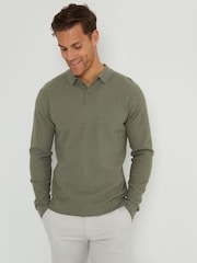Threadbare Green Long Sleeve Textured Knitted Polo Shirt - Image 1 of 4