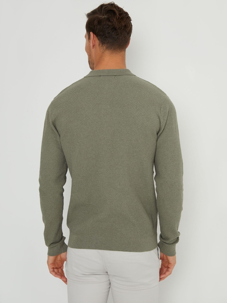 Threadbare Green Long Sleeve Textured Knitted Polo Shirt - Image 2 of 4