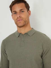 Threadbare Green Long Sleeve Textured Knitted Polo Shirt - Image 4 of 4