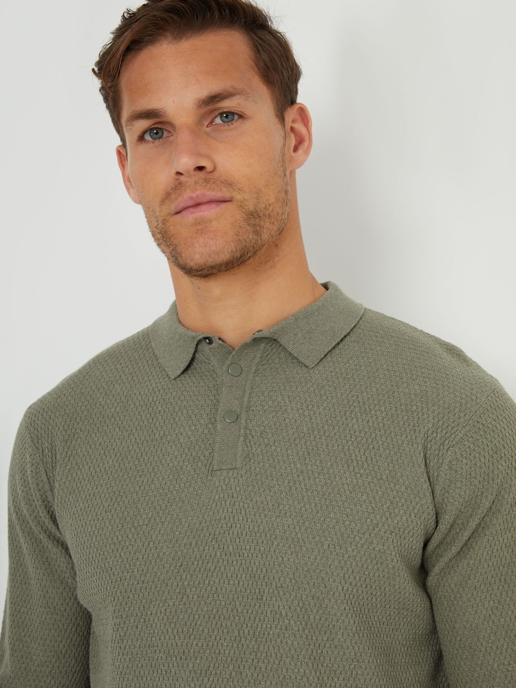 Threadbare Green Long Sleeve Textured Knitted Polo Shirt - Image 4 of 4