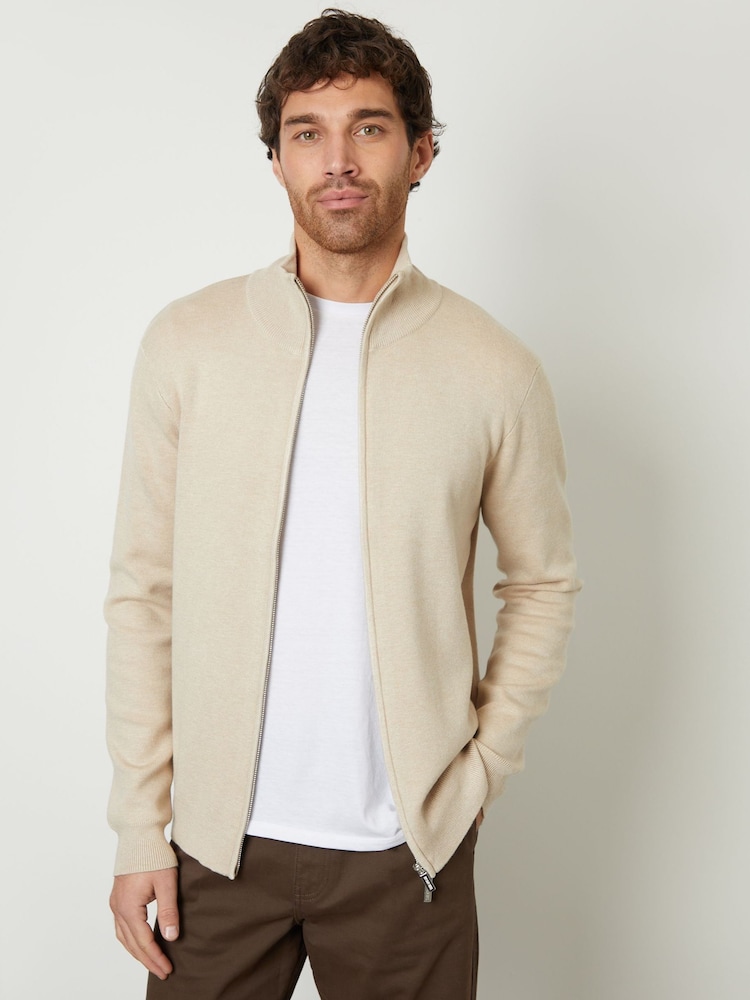 Бежевый - Threadbare Zip-Through Funnel Neck Knitted Cardigan - Image 1 of 5