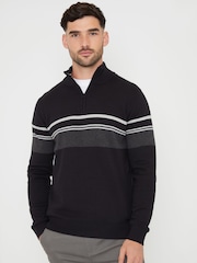Threadbare Black Colourblock Quarter Zip Knitted 100% Cotton Jumper - Image 1 of 4