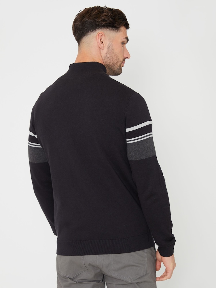 Threadbare Black Colourblock Quarter Zip Knitted 100% Cotton Jumper - Image 2 of 4
