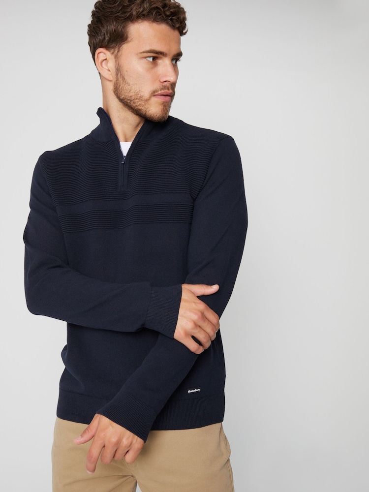Threadbare Navy Rib Detail Knitted Quarter Zip Jumper - Image 1 of 4