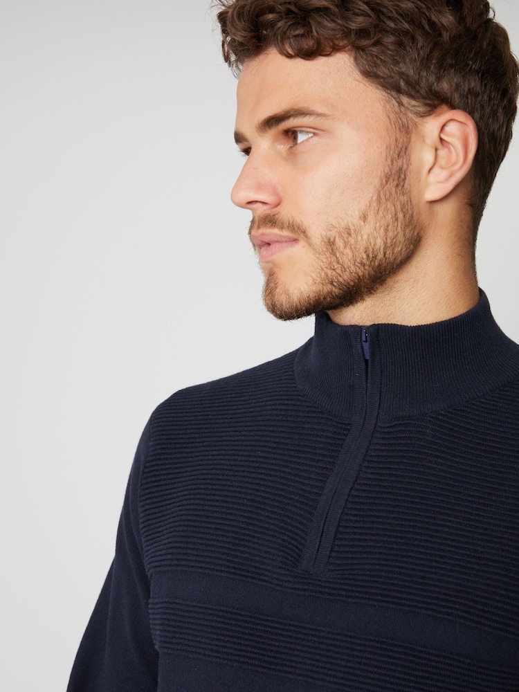 Threadbare Navy Rib Detail Knitted Quarter Zip Jumper - Image 4 of 4