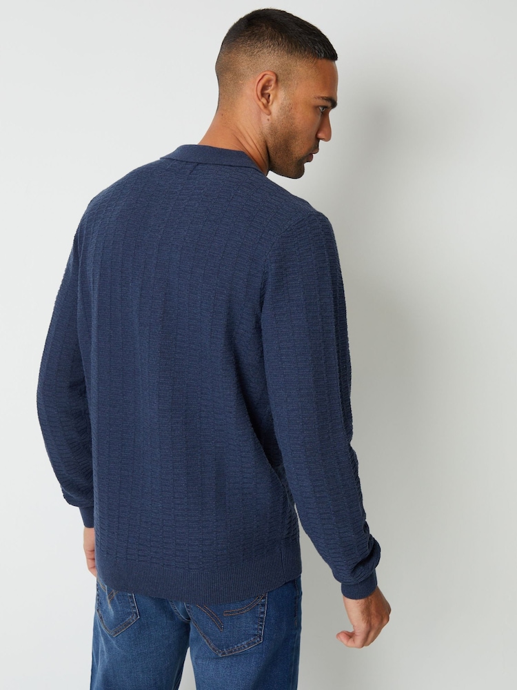 Threadbare Aqua Blue Long Sleeve Textured Knit Polo Collar Jumper - Image 2 of 4