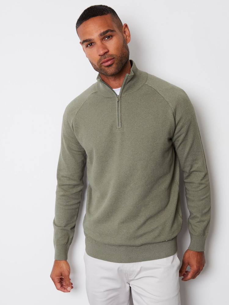 Threadbare Green Textured Knit Quarter Zip Jumper - Image 1 of 4 Threadbare Green Textured Knit Quarter Zip Jumper - Image 1 of 4