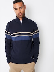 Threadbare Navy Blue Colourblock Quarter Zip Knitted 100% Cotton Jumper - Image 1 of 4