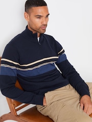 Threadbare Navy Blue Colourblock Quarter Zip Knitted 100% Cotton Jumper - Image 3 of 4