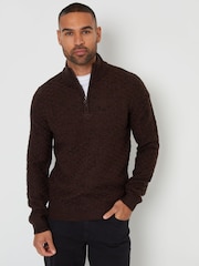 Threadbare Brown Textured Quarter Zip Jumper With Wool - Image 1 of 4
