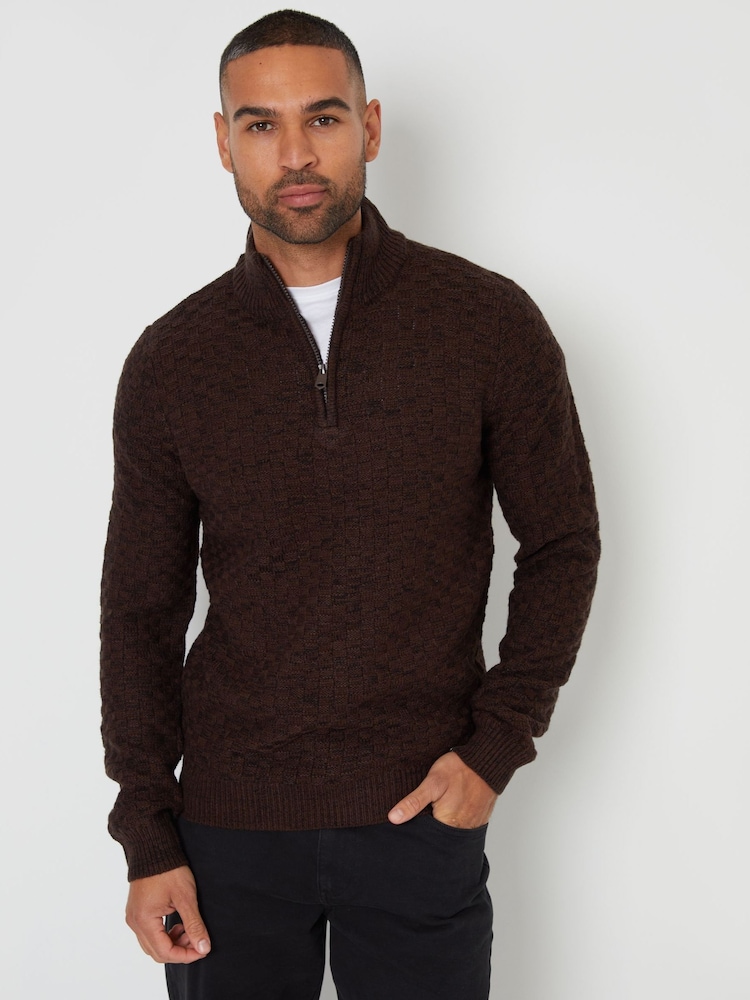 Threadbare Brown Textured Quarter Zip Jumper With Wool - Image 1 of 4