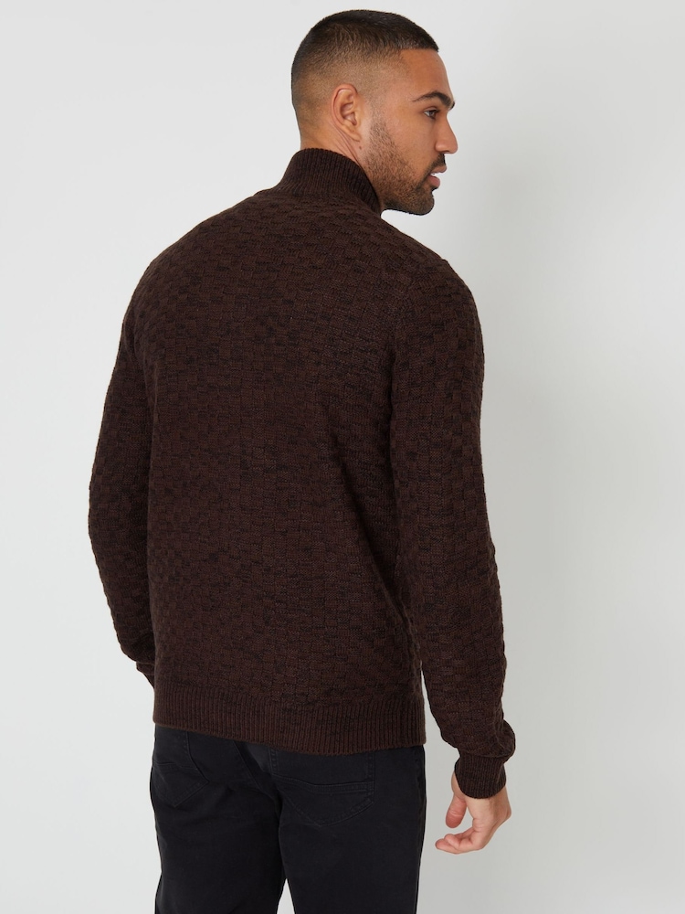 Threadbare Brown Textured Quarter Zip Jumper With Wool - Image 2 of 4