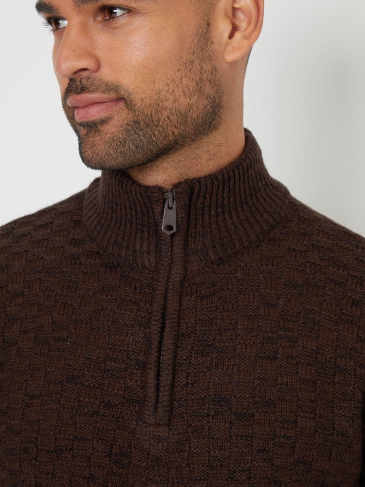 Threadbare Brown Textured Quarter Zip Jumper With Wool - Image 4 of 4