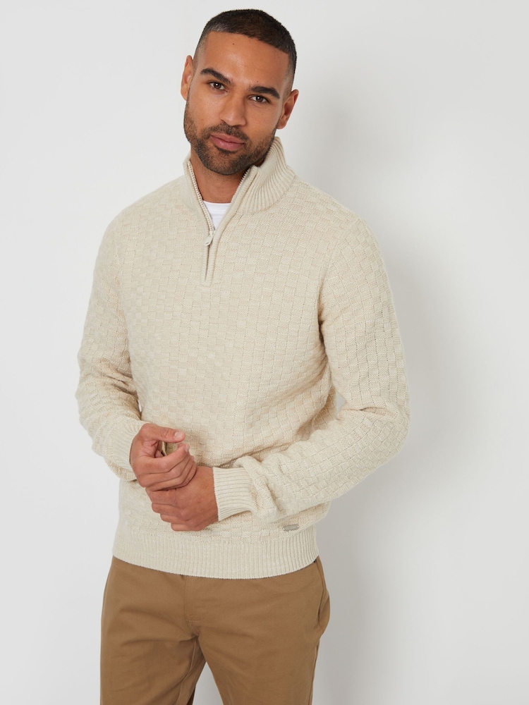 Threadbare Dark Brown Textured Quarter Zip Jumper With Wool - Image 1 of 4