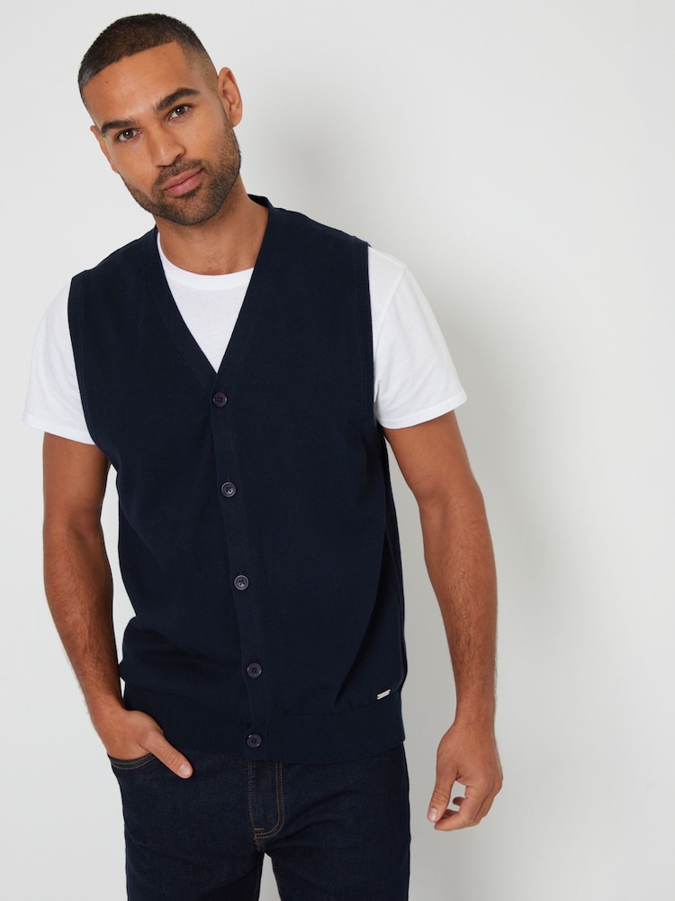 Threadbare Navy 100% Cotton Button Up Knitted Waistcoat - Image 1 of 4