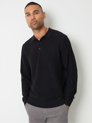 Threadbare Black Long Sleeve Textured Knit Polo Collar Jumper - Image 1 of 4