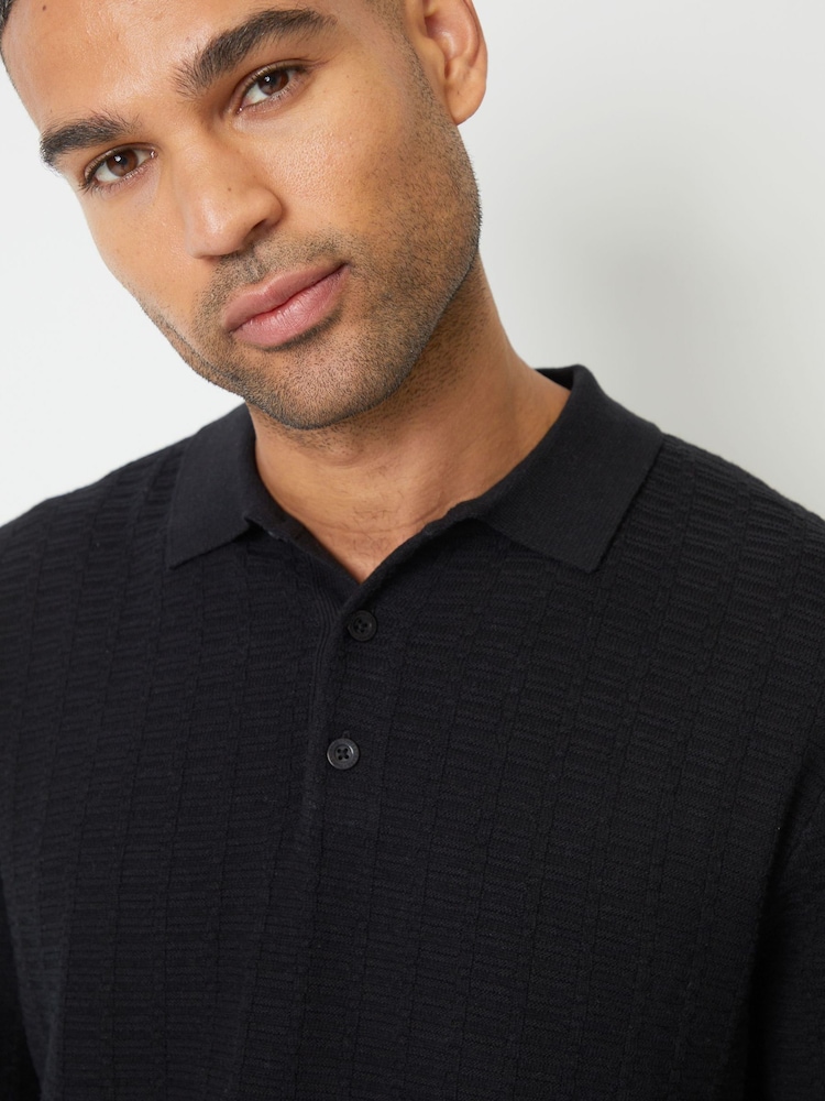 Threadbare Black Long Sleeve Textured Knit Polo Collar Jumper - Image 4 of 4