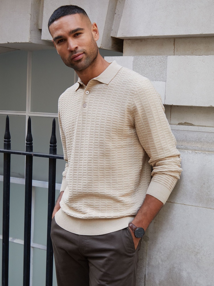Threadbare Brown Long Sleeve Textured Knit Polo Collar Jumper - Image 1 of 5 Threadbare Brown Long Sleeve Textured Knit Polo Collar Jumper - Image 1 of 5