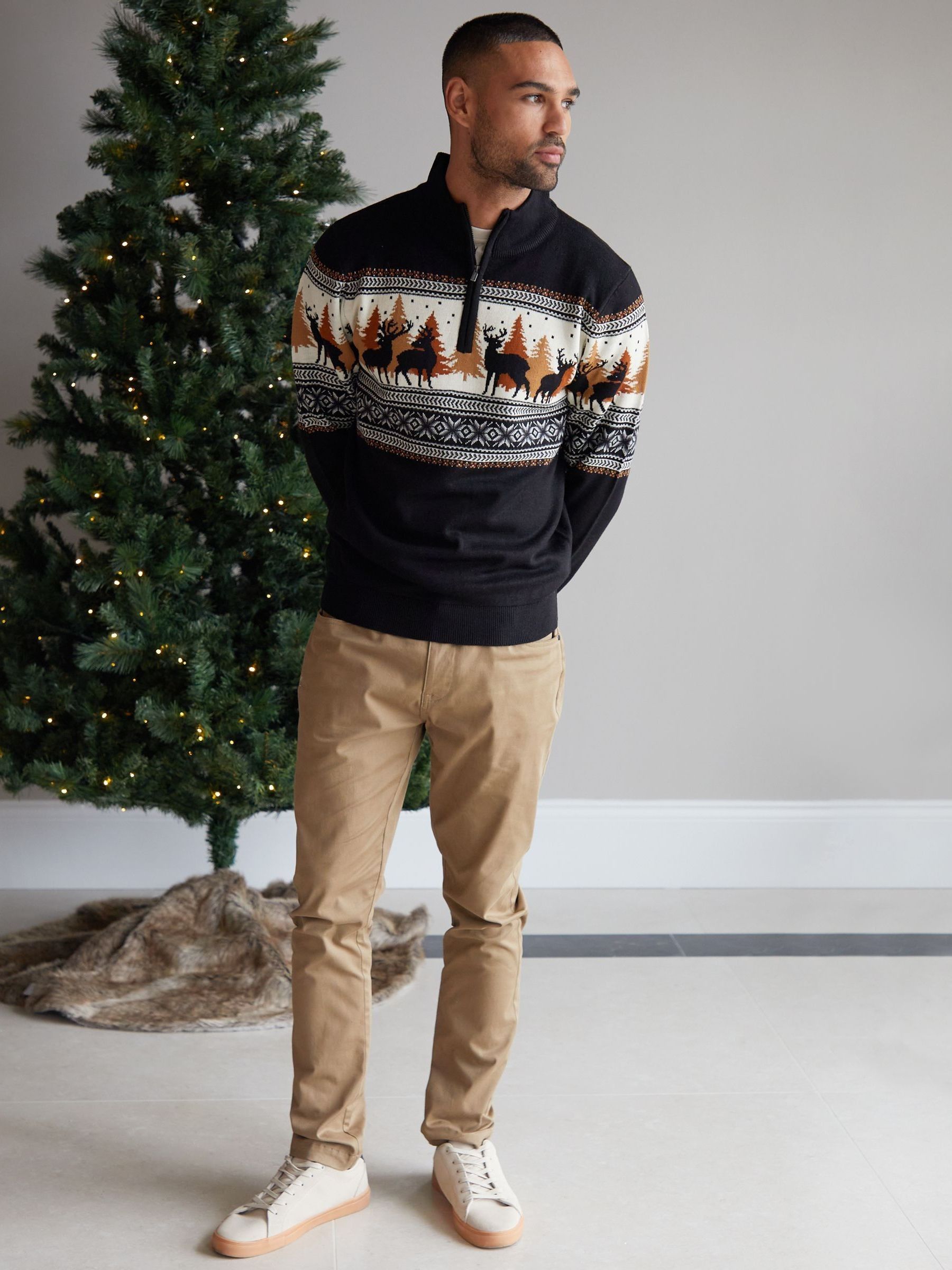 Threadbare Black Quarter Zip Christmas Knitted Jumper | Laura Ashley