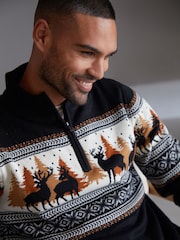 Negru - Pulover tricotat Crăciun cu fermoar Threadbare - Imaginea 4 din 4