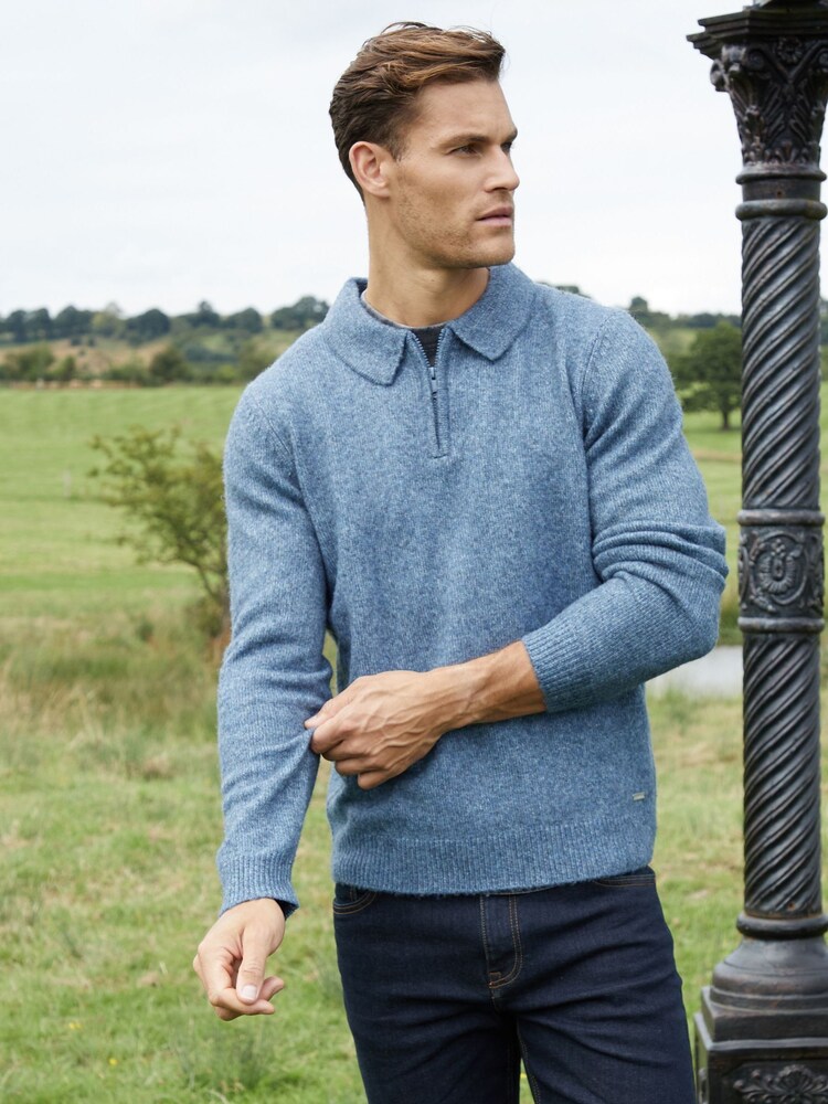 Threadbare Blue Long Sleeve Quarter Zip Polo Jumper - Image 1 of 4