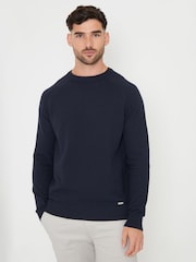 Threadbare Navy Blue Textured Stripe Knitted Crew Neck Jumper - Image 1 of 4