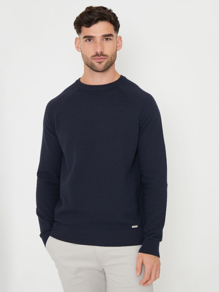 Threadbare Navy Blue Textured Stripe Knitted Crew Neck Jumper - Image 1 of 4