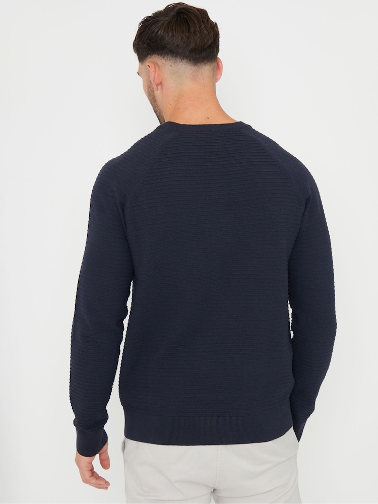 Threadbare Navy Blue Textured Stripe Knitted Crew Neck Jumper - Image 2 of 4