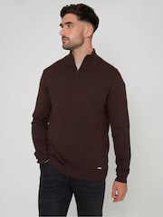 Threadbare Chocolate Brown Funnel Quarter Zip Knitted Jumper - Image 1 of 4