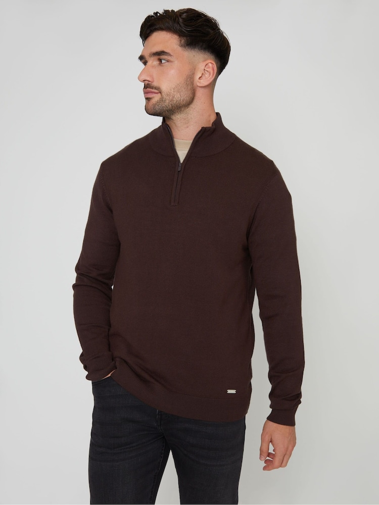 Threadbare Chocolate Brown Funnel Quarter Zip Knitted Jumper - Image 1 of 4