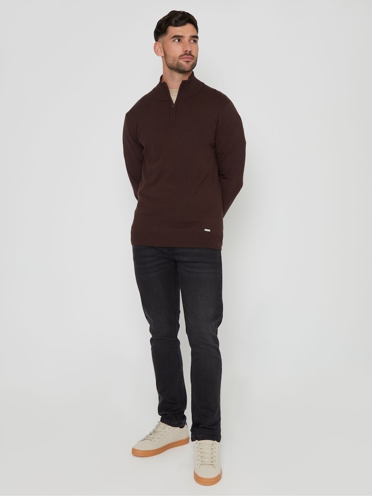 Threadbare Chocolate Brown Funnel Quarter Zip Knitted Jumper - Image 4 of 4