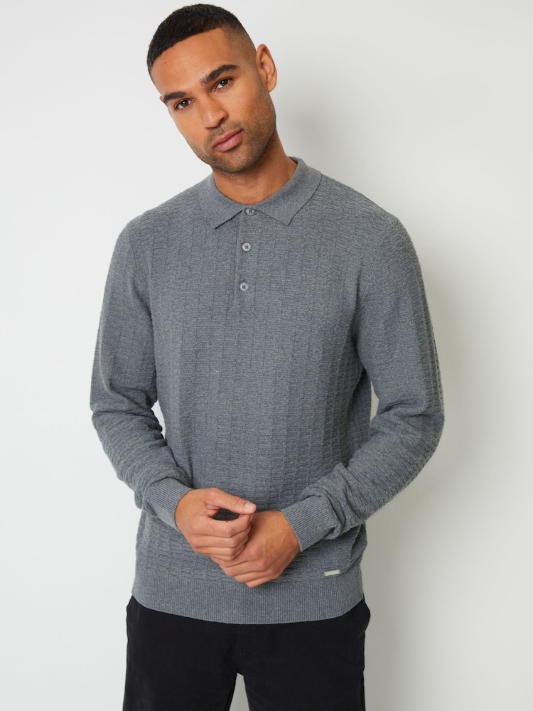 Threadbare Grey Long Sleeve Textured Knit Polo Collar Jumper - Image 1 of 4 Threadbare Grey Long Sleeve Textured Knit Polo Collar Jumper - Image 1 of 4