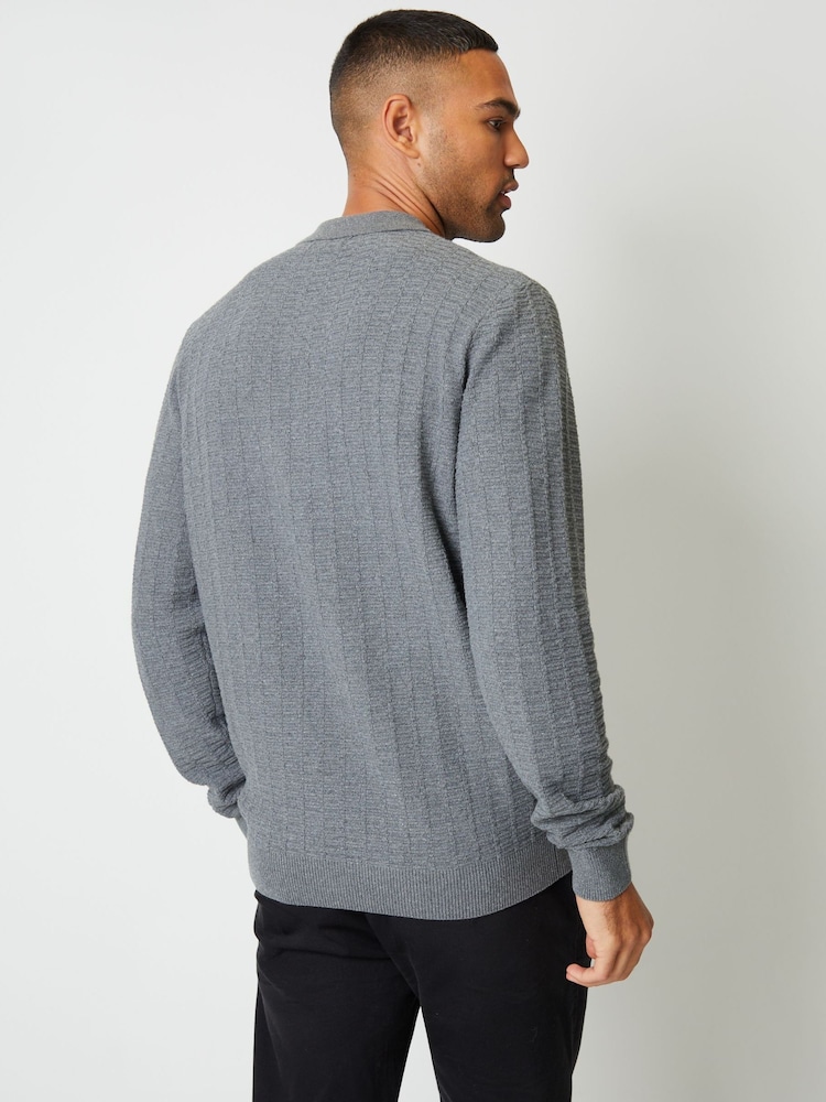 Threadbare Grey Long Sleeve Textured Knit Polo Collar Jumper - Image 2 of 4 Threadbare Grey Long Sleeve Textured Knit Polo Collar Jumper - Image 2 of 4