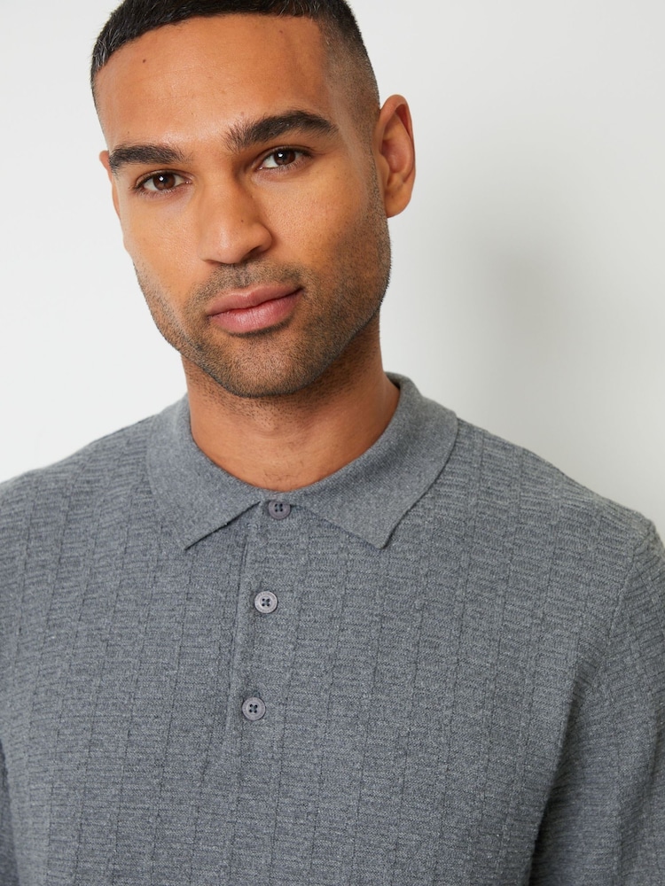 Threadbare Grey Long Sleeve Textured Knit Polo Collar Jumper - Image 4 of 4 Threadbare Grey Long Sleeve Textured Knit Polo Collar Jumper - Image 4 of 4