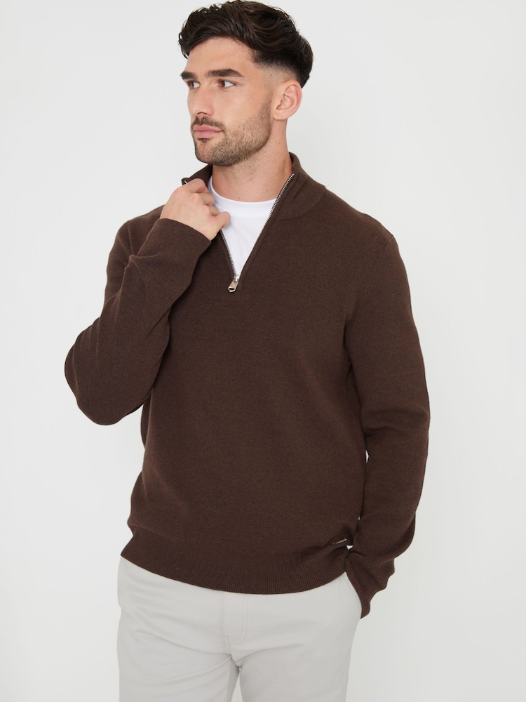 Threadbare Brown Cotton Blend Knitted Quarter Zip Jumper - Image 1 of 4