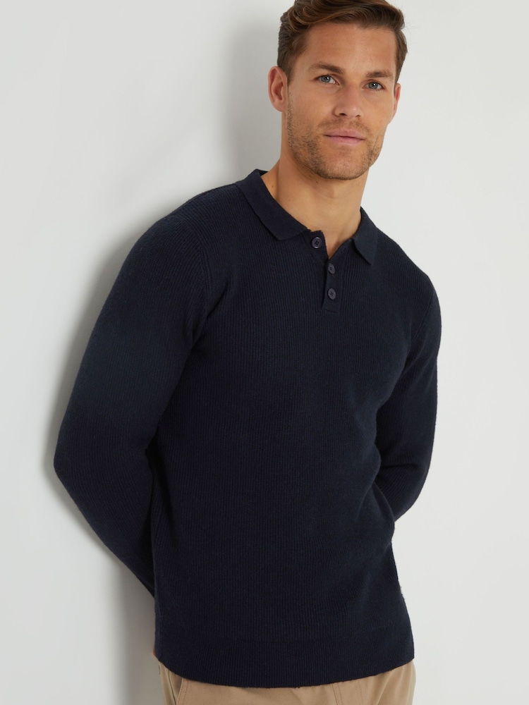 Threadbare Blue Knitted Long Sleeve Polo Jumper - Image 3 of 4