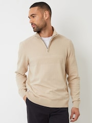 Threadbare Brown Long Sleeve Textured Knitted Quarter Zip Jumper - Image 1 of 5